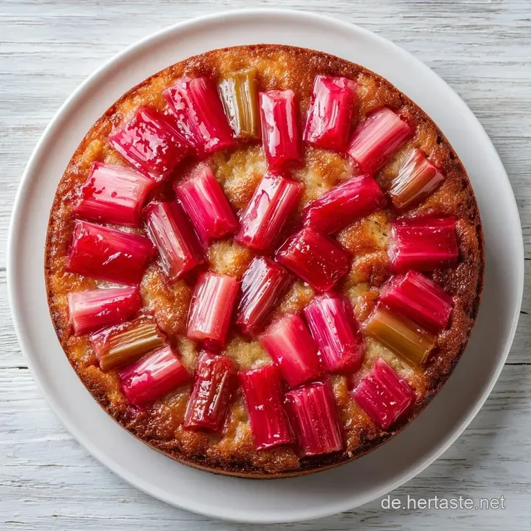 Ein St&uuml;ck cremiger Kuchen mit rosa Rhabarber auf wei&szlig;em Porzellan, garniert mit einem frischen gr&uuml;nen Minzblatt.
