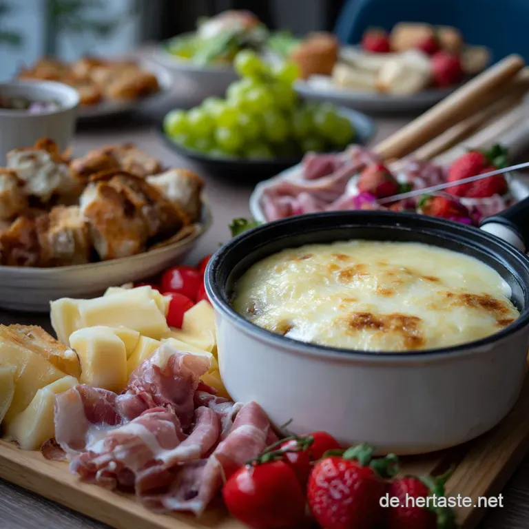Raclette cheese expertly draped over roasted potatoes and charcuterie, a visually appealing arrangement on a wooden board....