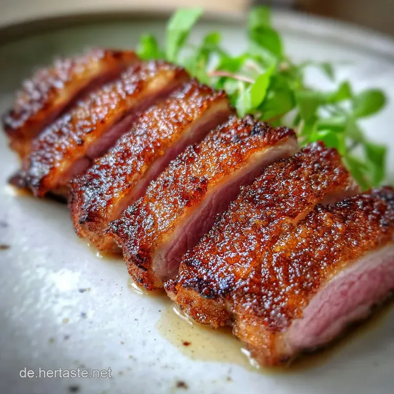 Elegant duck breast, perfectly seared, served with ruby-red sauce and a sprig of fresh thyme against a dark, moody backdrop.