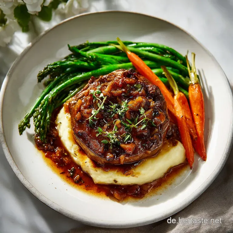 A single Ossobuco shank plated elegantly with creamy polenta, vibrant Gremolata, and glistening braising sauce. It looks i...