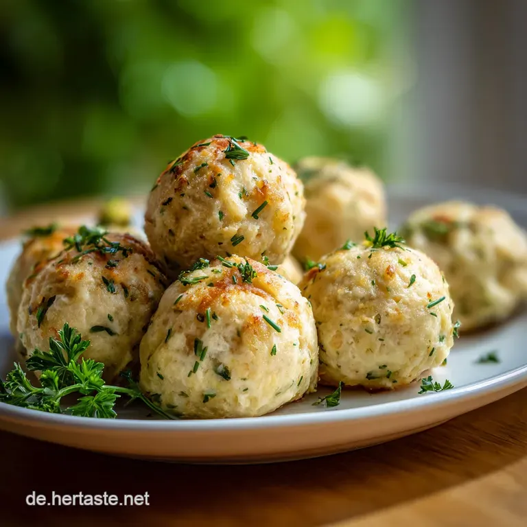 Two delicate napkin dumplings sit atop a swirl of creamy sauce, garnished with vibrant green herbs and a drizzle of golden...