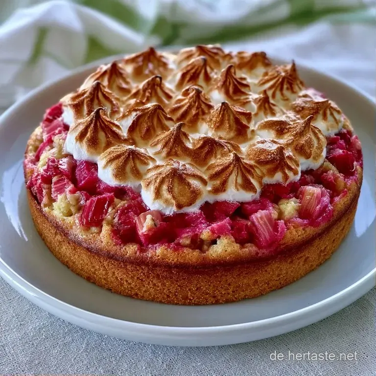 Ein helles Kuchenst&uuml;ck auf wei&szlig;em Porzellan mit luftigem Baiser und saftigen rosa Rhabarberst&uuml;cken, fein angerichtet.