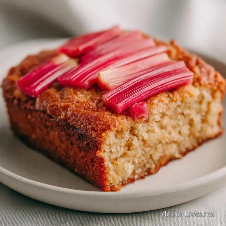 Ein rechteckiges St&uuml;ck Rhabarberkuchen auf wei&szlig;em Porzellan, goldene Krume und gl&auml;nzende rote Fruchtst&uuml;cke an der Seite.