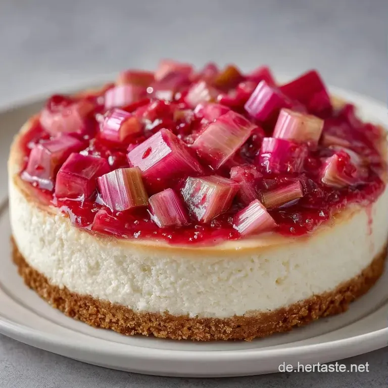 Ein cremiges St&uuml;ck heller Torte mit rosa Rhabarber auf einem wei&szlig;en Teller, garniert mit einem frischen Minzblatt.
