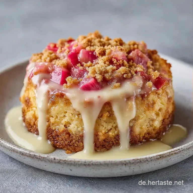 Ein St&uuml;ck goldgelber Puddingkuchen mit rosa Rhabarber auf einem wei&szlig;en Teller, leicht best&auml;ubt mit Puderzucker.