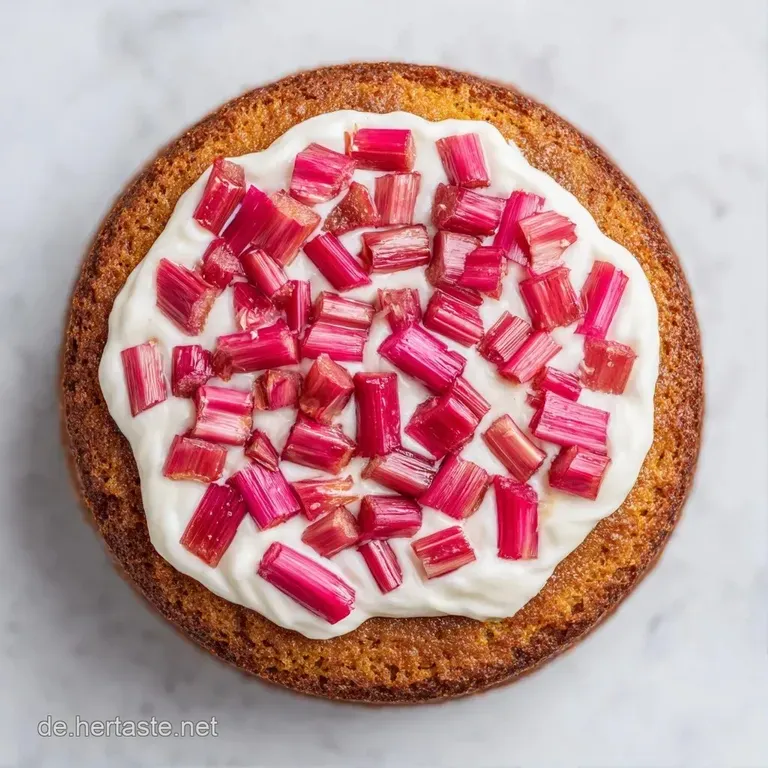 Ein cremiges Kuchenst&uuml;ck auf einem wei&szlig;en Porzellanteller, verziert mit zarten Rhabarberst&uuml;cken und Puderzucker.