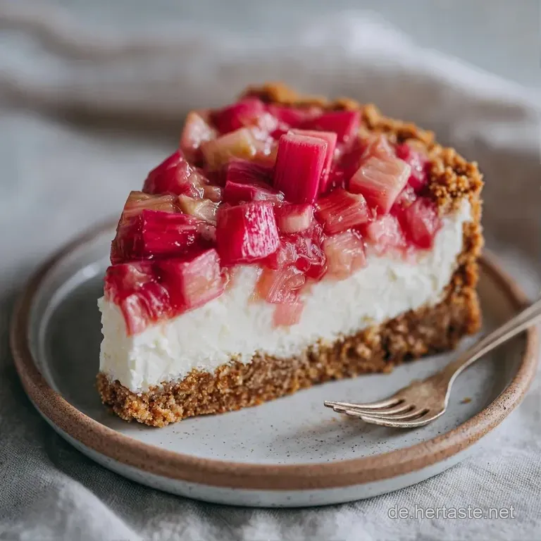 Ein St&uuml;ck cremiger Kuchen mit roten Rhabarberstreifen auf einem wei&szlig;en Porzellanteller, goldenbrauner Teigrand.