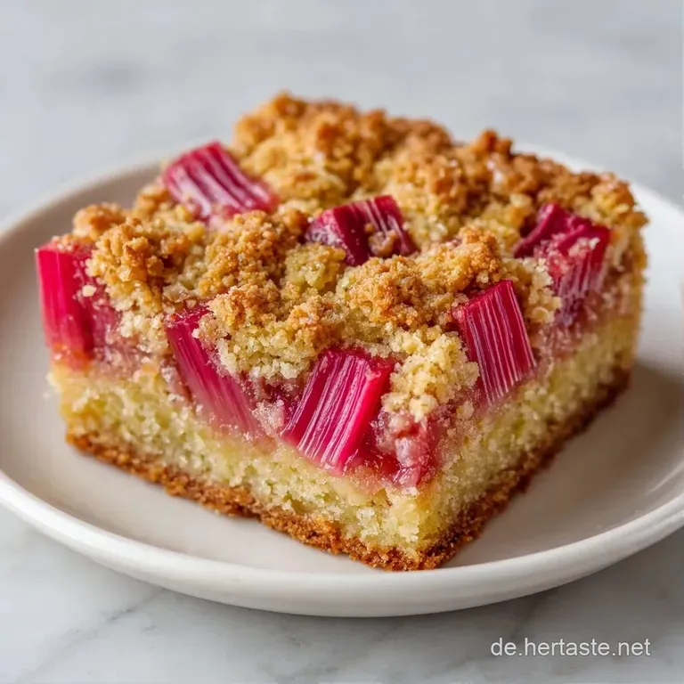 Ein goldgelbes Kuchenst&uuml;ck auf wei&szlig;em Porzellan, die rosa Fruchtschicht gl&auml;nzt saftig und frisch im Licht.