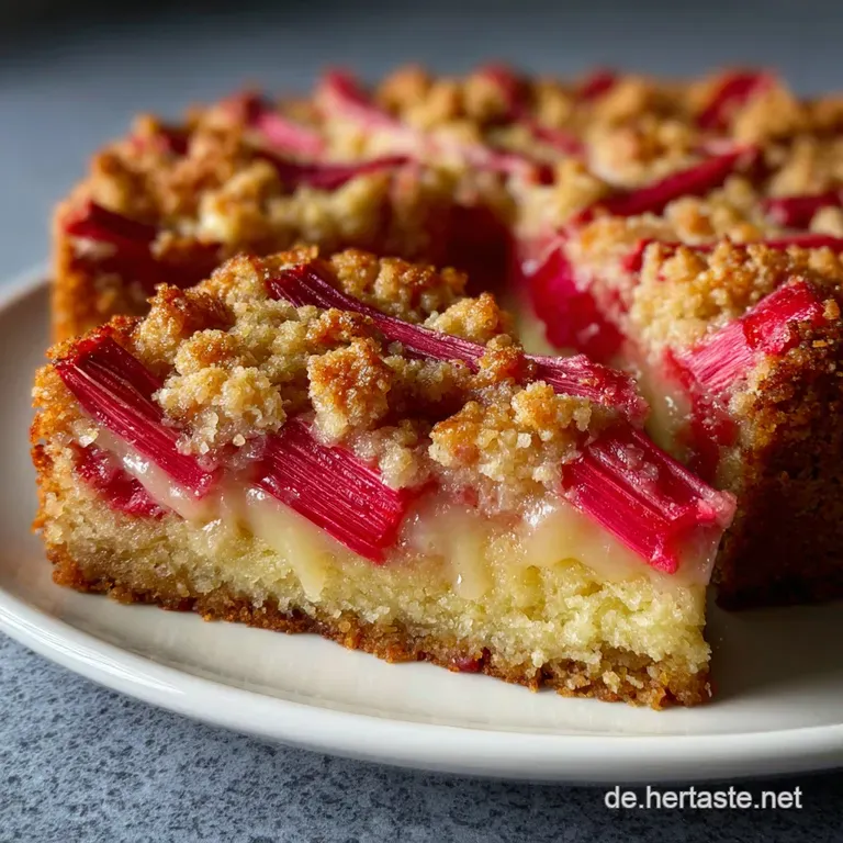 A slice of rhubarb crumble cake with a dusting of powdered sugar. Tender cake contrasts with the crisp, buttery crumble to...