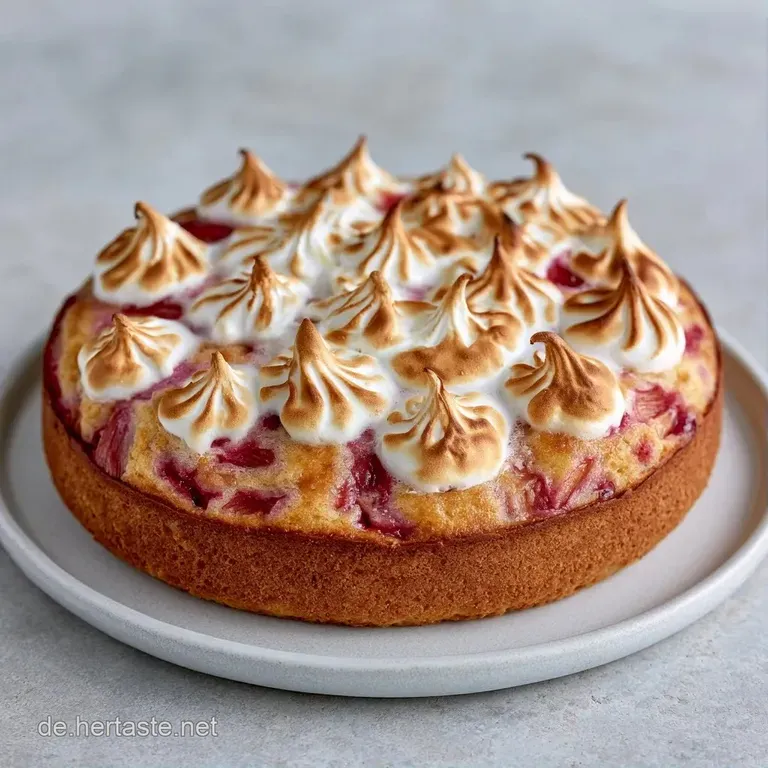 Ein St&uuml;ck Kuchen auf wei&szlig;em Porzellan zeigt die Schichten aus m&uuml;rbem Teig, rosa Rhabarber und luftigem Baiser.