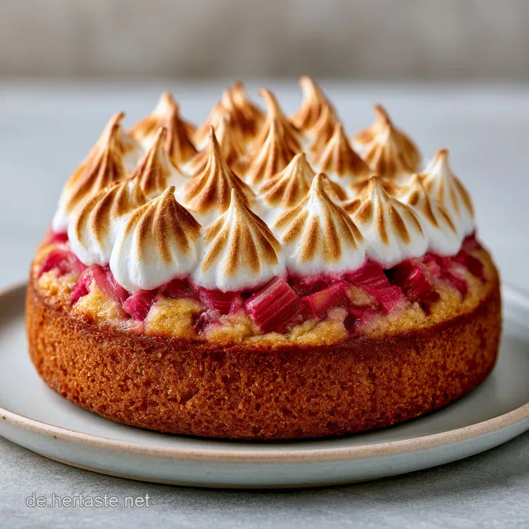 Ein St&uuml;ck heller Kuchen mit rosa Rhabarber und goldem Baiser auf einem wei&szlig;en Porzellanteller, sanft beleuchtet.