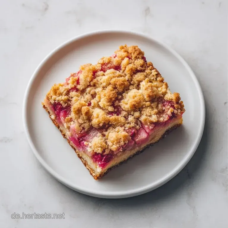 Ein St&uuml;ck goldgelber Kuchen mit rosa Rhabarber auf wei&szlig;em Teller, best&auml;ubt mit feinem, wei&szlig;em Puderzucker.