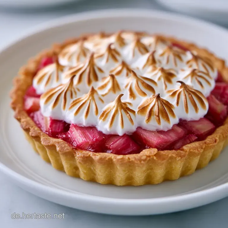 Goldgelbe Tarte mit leuchtend rosa Fruchtst&uuml;cken auf einem wei&szlig;en Teller, garniert mit einem frischen Minzblatt.
