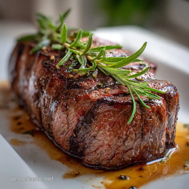 Elegant plate features tender filet mignon slices fanned out, alongside creamy potato gratin and glistening saut&eacute;ed aspara...