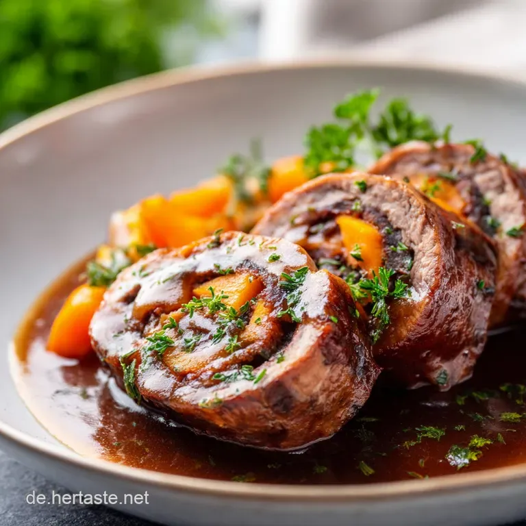Sliced tender beef roll revealing a savory filling, drizzled with glossy brown gravy on a minimalist white plate.