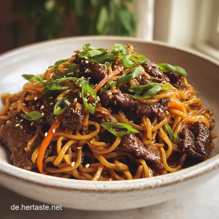 Steaming pile of sesame noodles with beef, artfully arranged in a white bowl. Garnish of green onions adds freshness and v...
