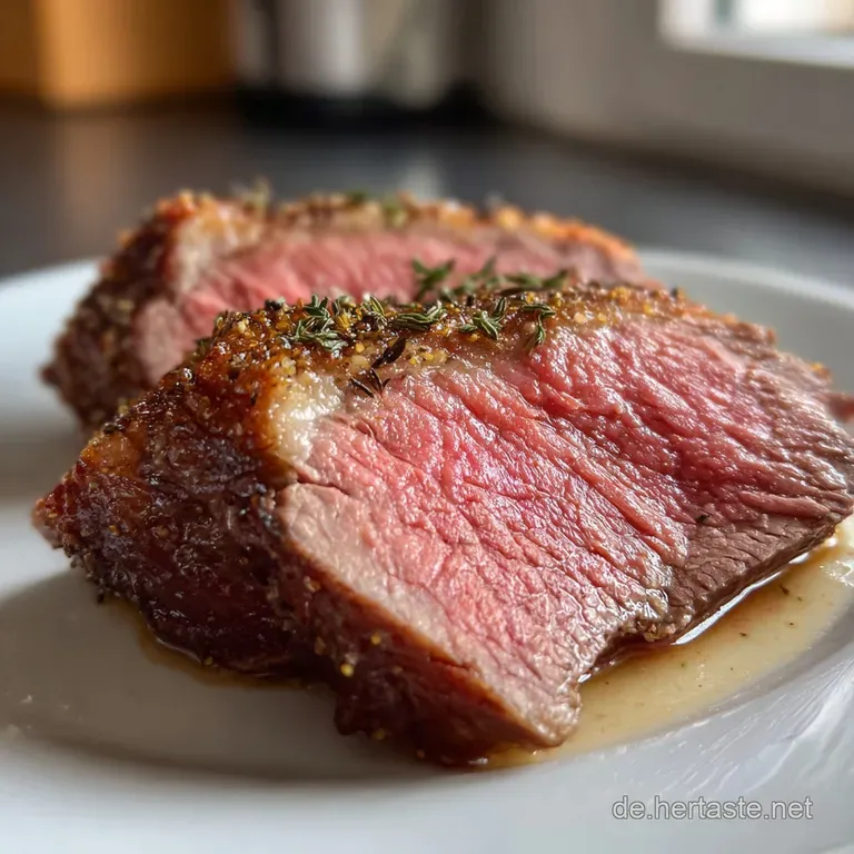 Elegant plate with rosy slices of roast beef, artfully arranged with thyme sprigs and creamy horseradish sauce.