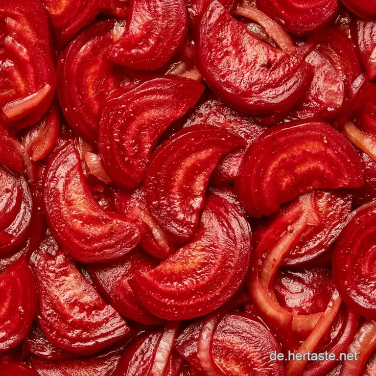 Saftige, dunkelrote Rote-Bete-Scheiben auf einem wei&szlig;en Teller, gl&auml;nzend feucht und mit frischen Kr&auml;utern garniert.