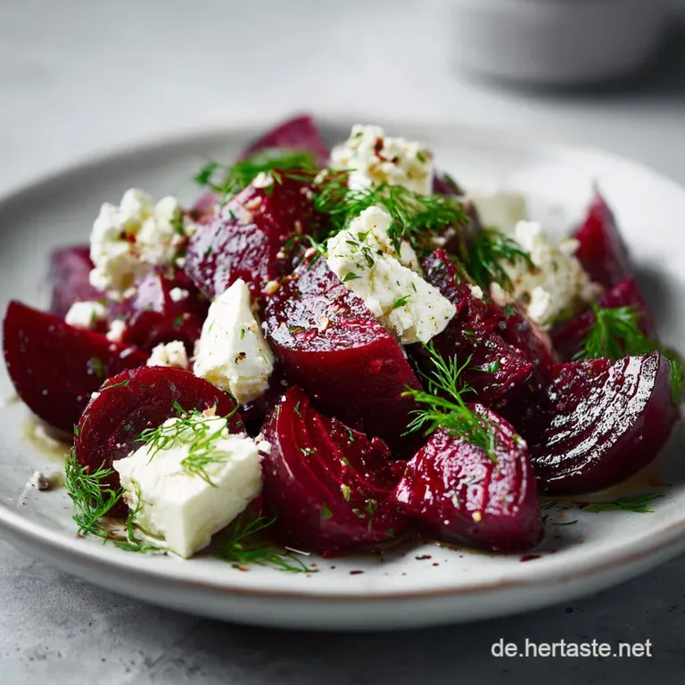 Plated beet and feta salad: deep red beets contrast with creamy white feta, drizzled dressing, and bright green herbs on a...