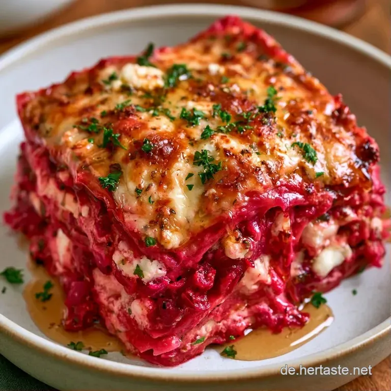 Ein pr&auml;zises St&uuml;ck tiefroter Lasagne auf wei&szlig;em Porzellan, garniert mit wei&szlig;em Feta und einem gl&auml;nzenden Honigfaden.
