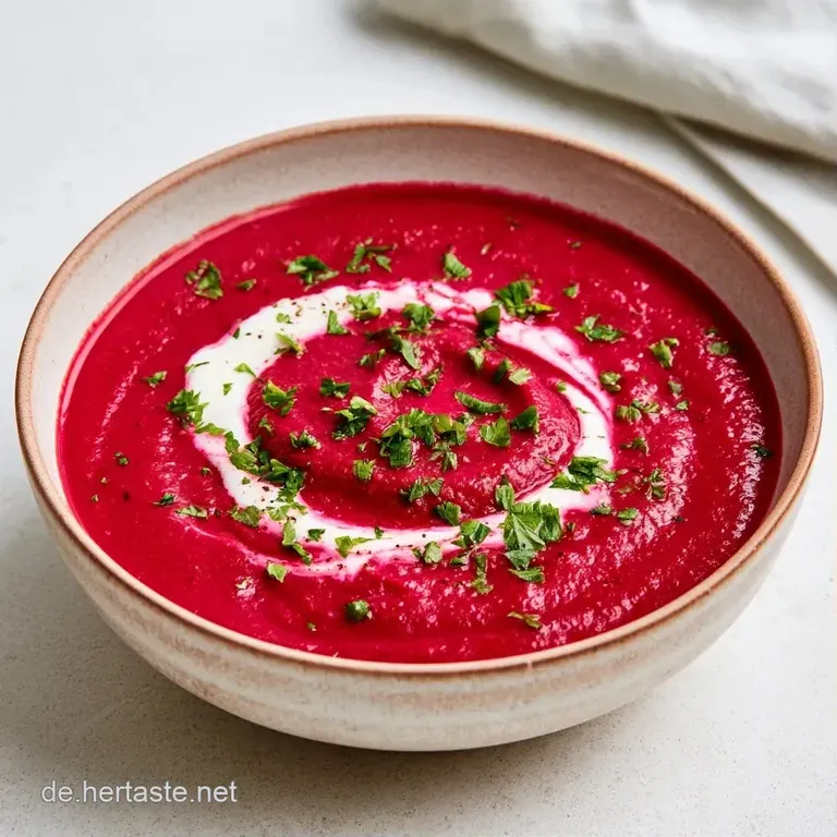 Purpurrote, samtige Suppe in einem eleganten Teller, verziert mit einem wei&szlig;en Sahnekringel und frischen Kr&auml;utern.