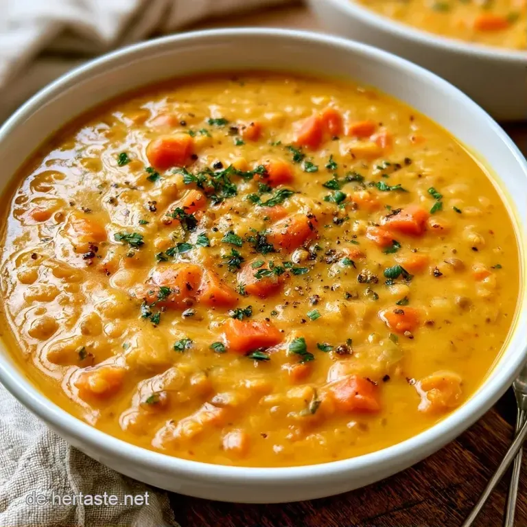 Cremige, leuchtend orangefarbene Suppe in einer modernen Schale, flankiert von einem St&uuml;ck knusprigem Brot.