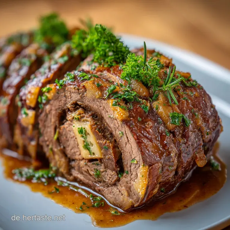 Elegant plate featuring a thick roulade slice, drizzled sauce, and vibrant herbs. Crisp, defined layers add textural appeal.