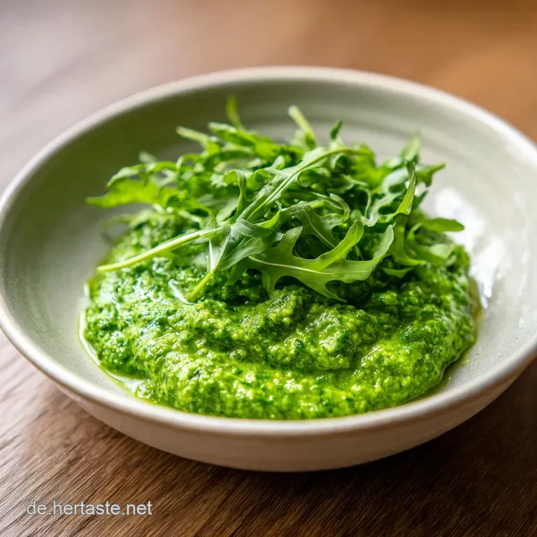 A swirl of emerald rucola pesto elegantly coats pasta, topped with toasted walnuts. Fresh, vibrant, restaurant-worthy dish.