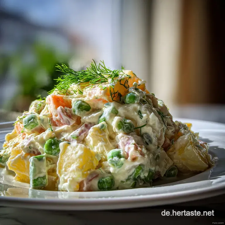 A vibrant, elegant mound of Russischer Salat, garnished with fresh parsley, served on a white plate. A colorful, appetizin...