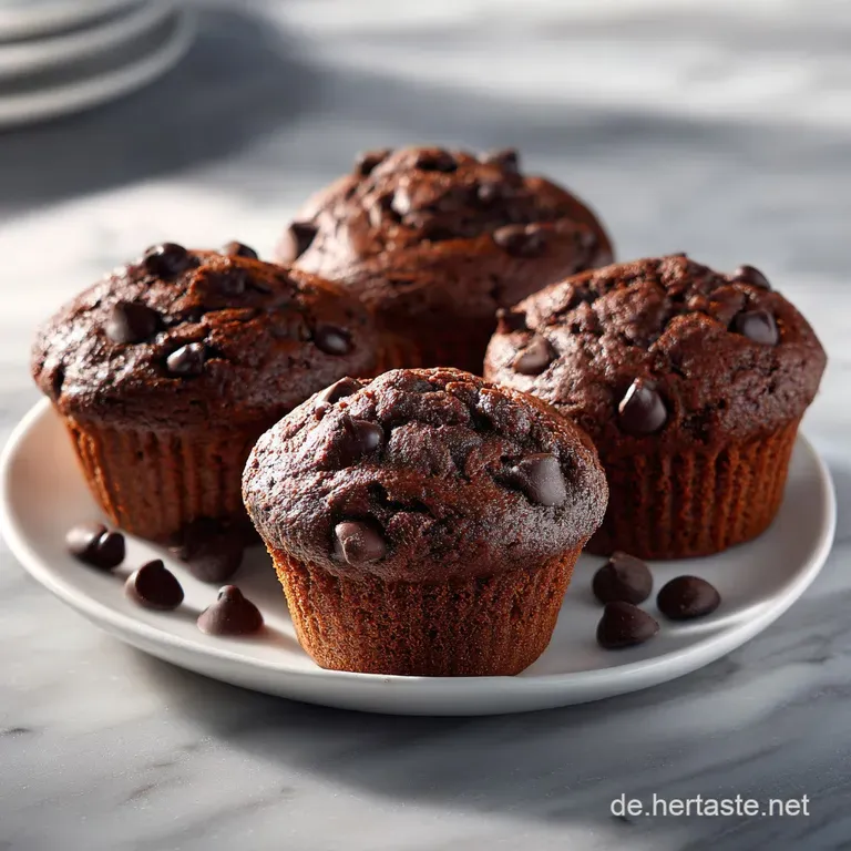 Three moist chocolate muffins arranged on a white plate, accented with fresh raspberries and a light dusting of cocoa powder.