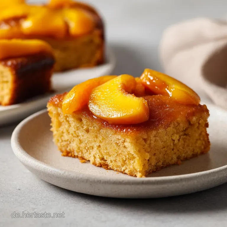 Ein St&uuml;ck lockerer, heller Kuchen auf wei&szlig;em Porzellan mit gl&auml;nzenden Pfirsichen und einem frischen Minzblatt.