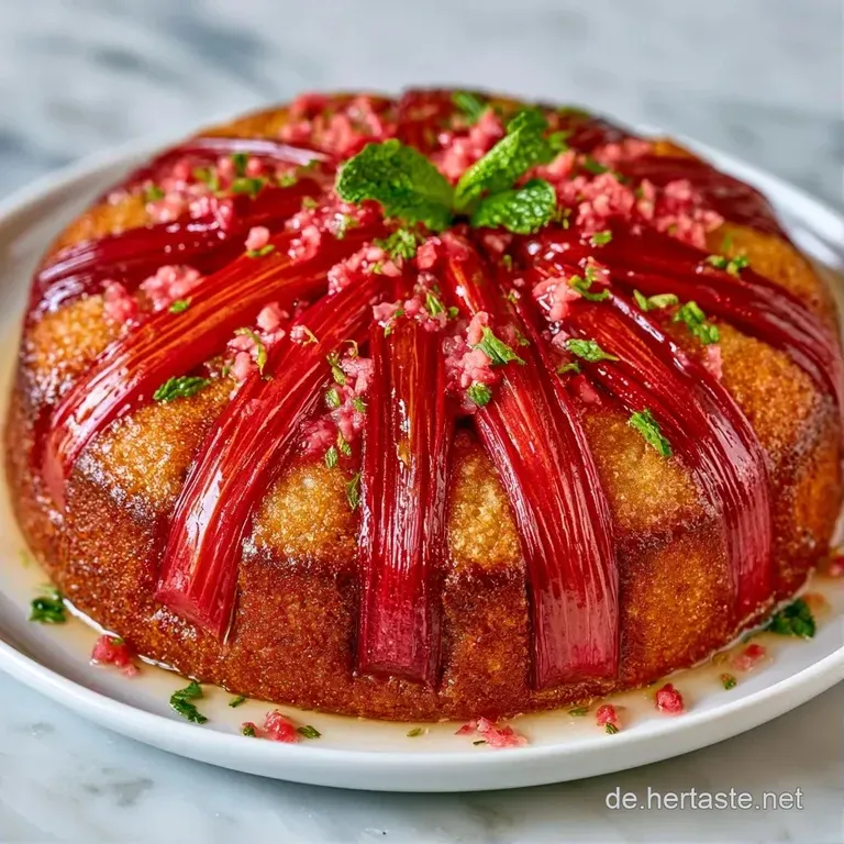 Ein St&uuml;ck fluffiger Kuchen mit roten Rhabarberst&uuml;cken auf einem wei&szlig;en Teller, gekr&ouml;nt von einer zarten Baiserschicht.