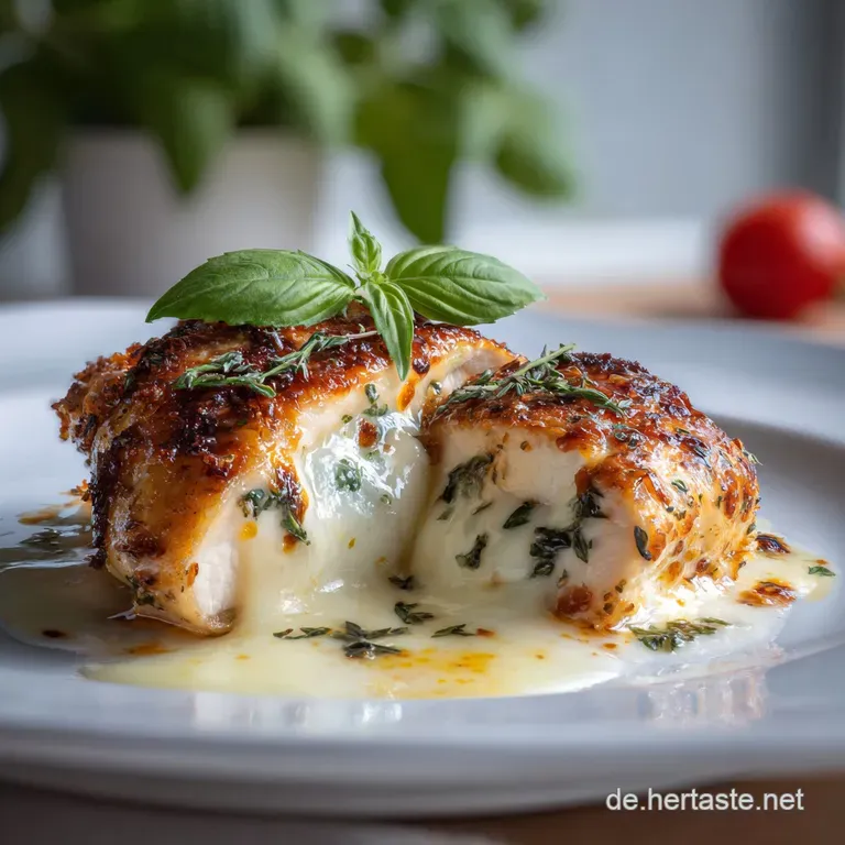 Creamy baked chicken plated, glistening mozzarella and sauce, sprinkled with fresh herbs. Comfort food perfection.