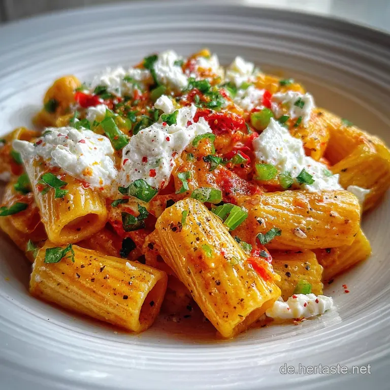 Elegant plating of rigatoni with rich red sauce, a halved burrata releasing creamy center, black pepper dusting, and vibra...