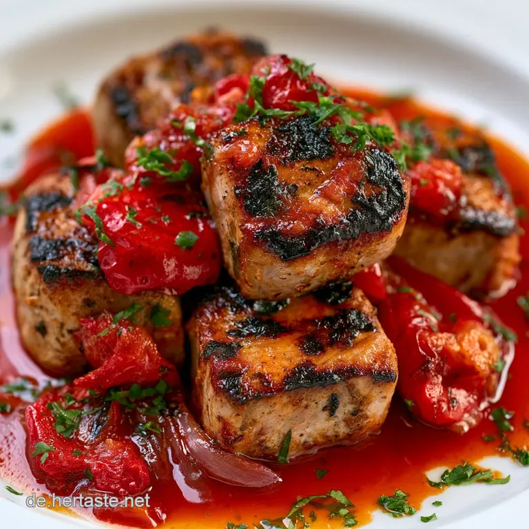 Goldbraun gebratenes Schaschlik auf einer rustikalen Platte, erg&auml;nzt durch bunte Gem&uuml;sest&uuml;cke und gl&auml;nzende Sauce.