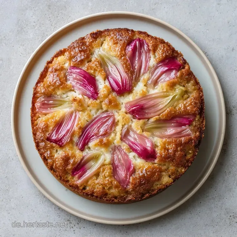 Ein St&uuml;ck heller, cremiger Kuchen auf wei&szlig;em Porzellan, dekoriert mit rosa Rhabarber und feinem Puderzucker.