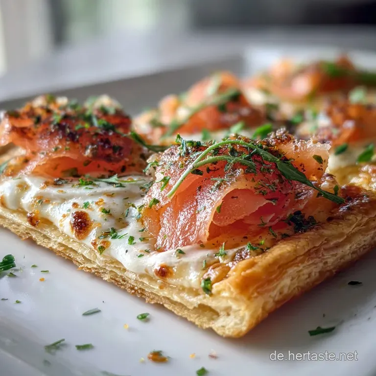 Elegant slice of puff pastry pizza showcasing the pink smoked salmon, creamy white sauce, and blistered golden crust.