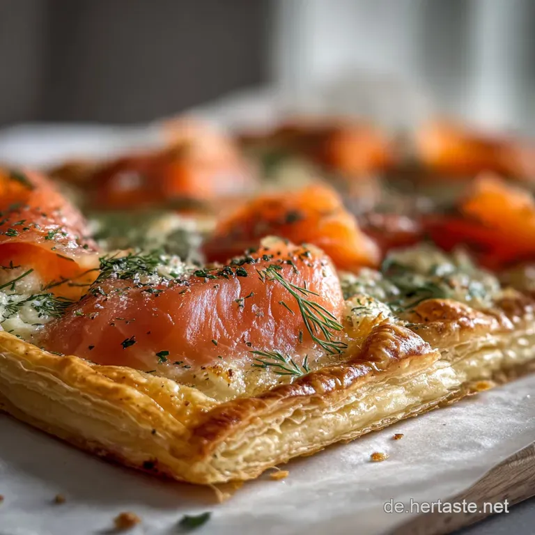 Individual puff pastry pizza with smoked salmon and herbs, plated beautifully. Glistening surface, inviting colors, ready ...