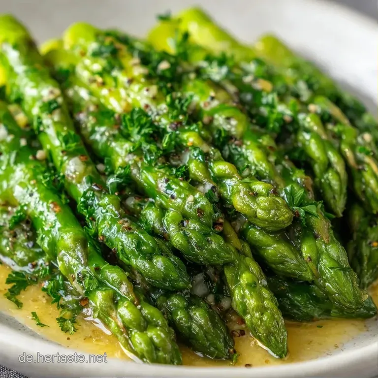 Elegant angerichtete, zarte gr&uuml;ne Spargelspitzen auf Keramik, verfeinert mit geschmolzener Butter und frischen Kr&auml;utern.