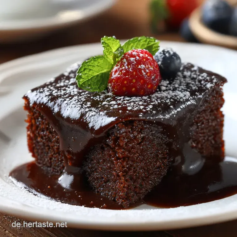 A slice of decadent chocolate pudding cake with smooth vanilla topping, artfully plated.