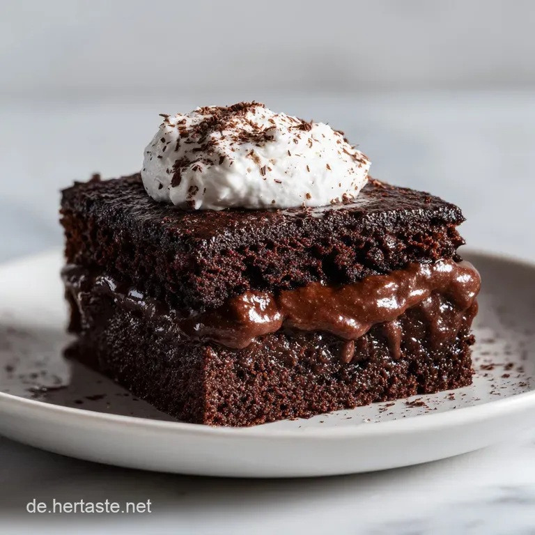 A slice of deep chocolate cake drizzled with white pudding, garnished with a berry.