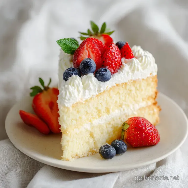 A generous slice of fluffy yellow cake, artfully arranged with a sprinkle of vibrant berries.