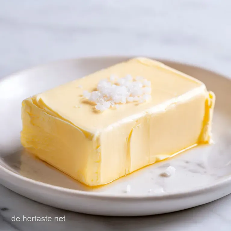 Eine elegante Butterrolle auf einem wei&szlig;en Porzellanteller, flankiert von einer rustikalen, goldbraunen Brotscheibe.