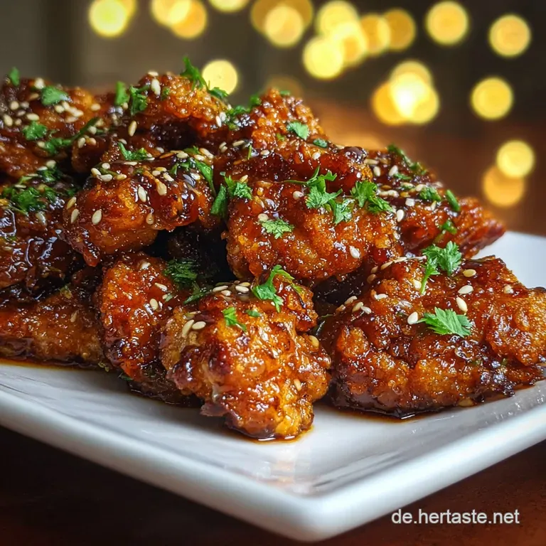 Golden-brown sesame chicken arranged artfully on a white plate, drizzled with honey and served alongside fluffy white rice.