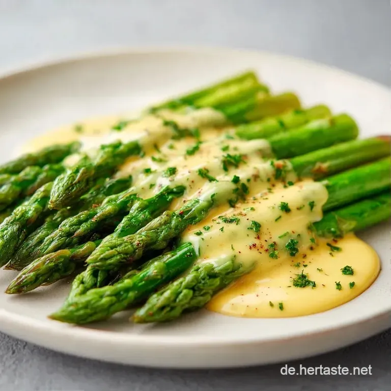 Ein Arrangement aus zartem, wei&szlig;em Spargel auf einer wei&szlig;en Platte, garniert mit gl&auml;nzender, hellgelber Butterhollandaise.