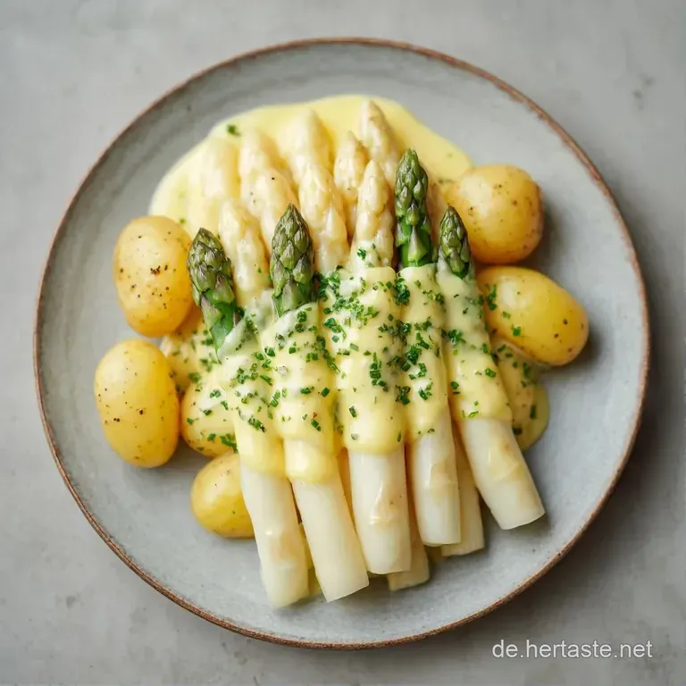 Ein wei&szlig;er Porzellanteller pr&auml;sentiert ordentlich gereihte, zarte Spargelspitzen mit gl&auml;nzendem, goldgelbem Sauce-Spiegel.