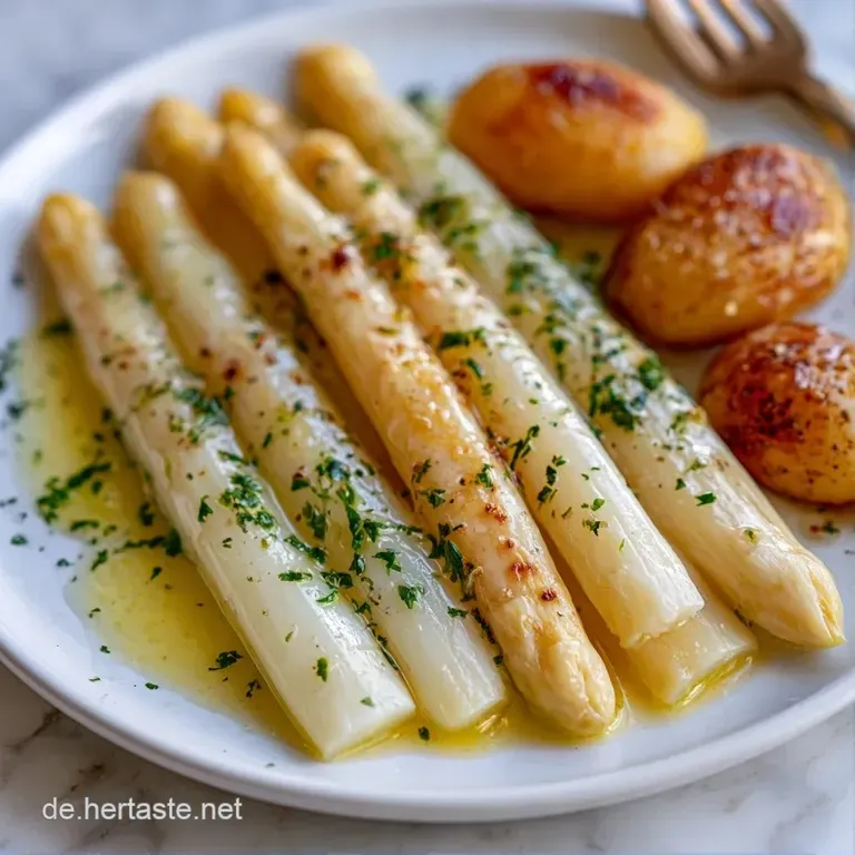Wei&szlig;e Spargelstangen ordentlich auf einer Platte, dampfende Kartoffelst&uuml;cke und eine gl&auml;nzende, helle Sauce am Rand.