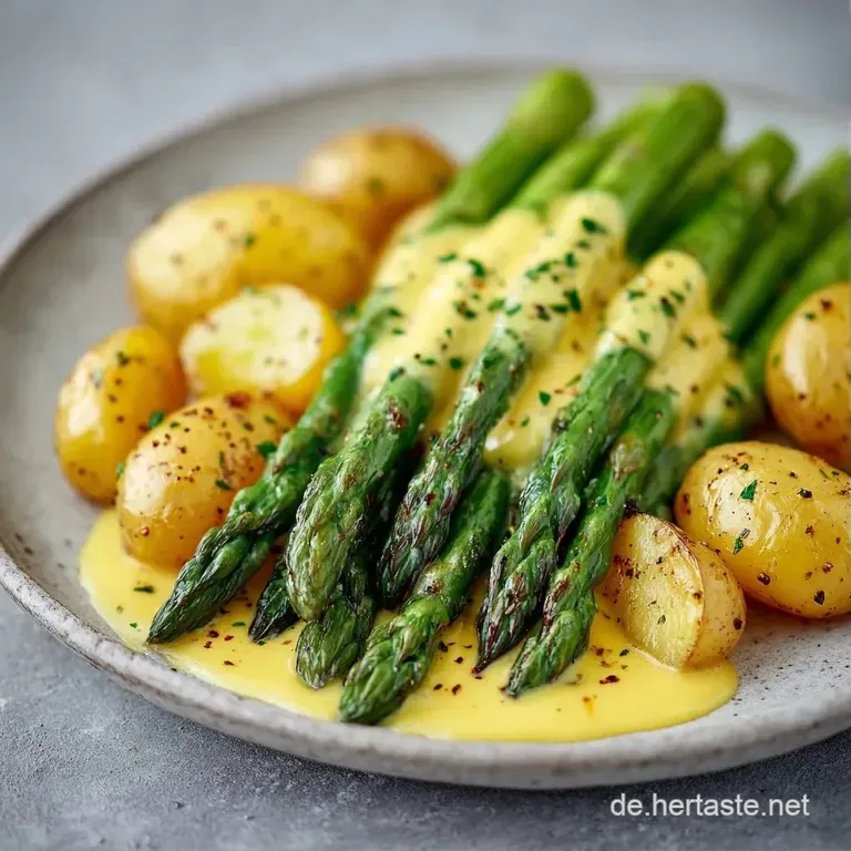Elegant angerichtete, dampfende Spargelspitzen auf einer Servierplatte, &uuml;berzogen mit gl&auml;nzender, goldgelber Sauce.