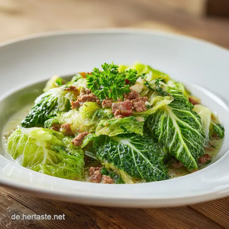 A bowl of rustic cabbage stew with sausage, garnished with fresh parsley. Steam rises, hinting at warmth.