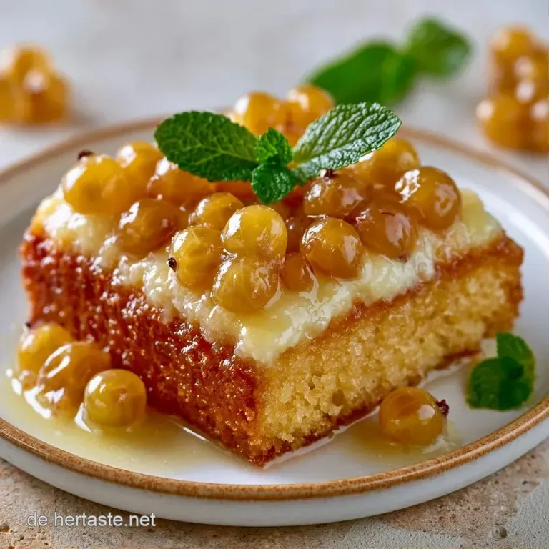 Ein St&uuml;ck cremiger, hellgelber Kuchen auf wei&szlig;em Porzellan, garniert mit gl&auml;nzenden gr&uuml;nen Beeren und Puderzucker.